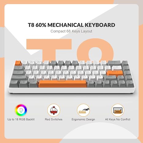 ZIYOU LANG RK-T8 Wired 65% Mechanical RGB Gaming Keyboard-Gray/White/Orange